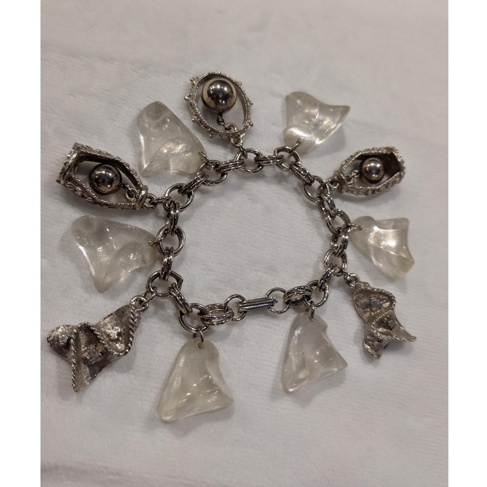 Vintage Silver Tone Charm Bracelet Frosted Acrylic Nuggets Geometric Sphere 7.5"